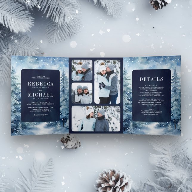  Snowy Winter Forest Photo Collage Navy Wedding Tri-Fold Invitation (Creator Uploaded)