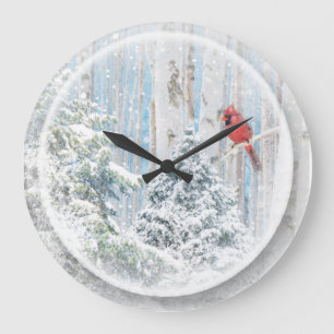 Snowy Winter Forest Red Bird Cardinal Large Clock