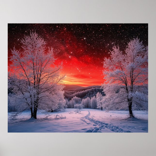 Snowy Winter Forest Under Red Sunset Poster (Front)