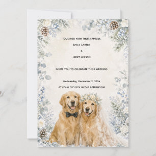 Snowy Winter Golden Retriever Wedding Invitation
