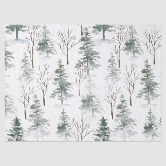 Snowy Winter-Green Trees Christmas Pattern Tissue Paper (Front)