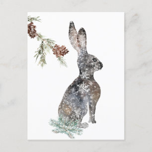Snowy Winter Hare Rabbit Under A Tree Watercolor Postcard