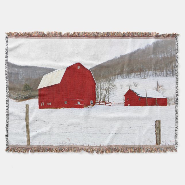 Snowy Winter in The Red Barn Barnyard Throw Blanket (Front)