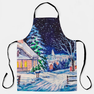 Snowy winter landscape. Country House. Christmas h Apron