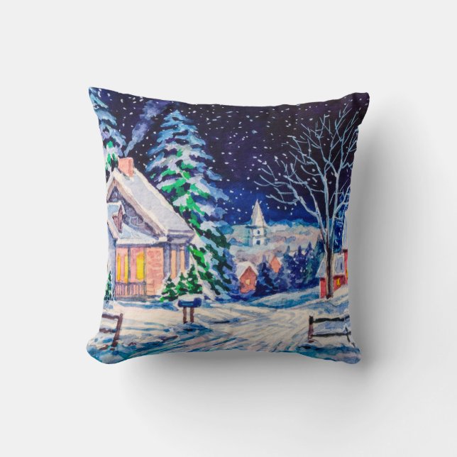 Snowy winter landscape. Country House. Christmas h Cushion (Front)
