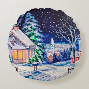 Snowy winter landscape. Country House. Christmas h Round Cushion