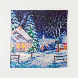 Snowy winter landscape. Country House. Christmas h Tapestry