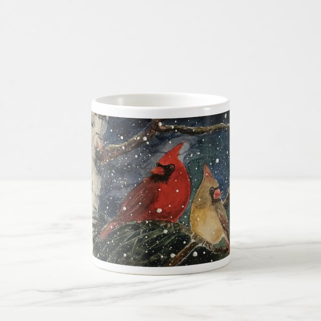 Snowy Winter Male and Female Cardinals Coffee Mug (Center)
