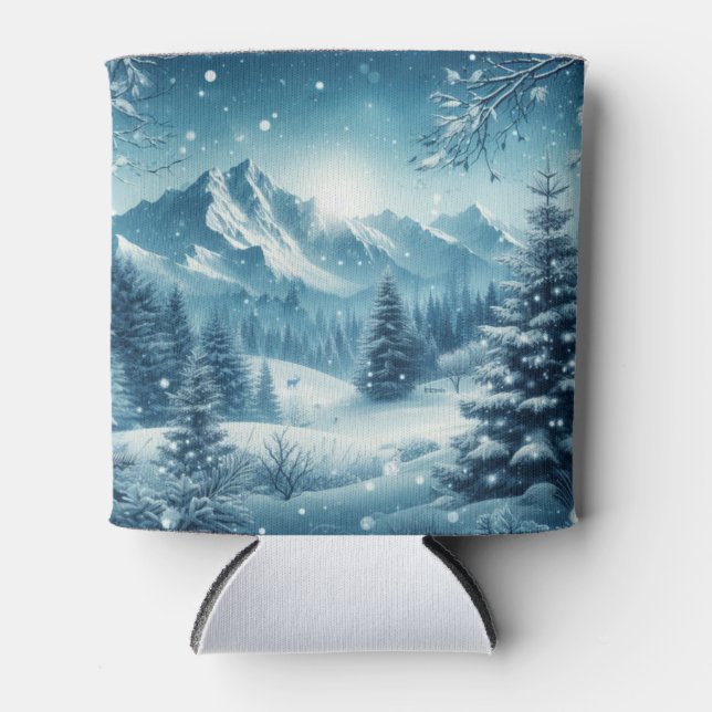 Snowy Winter Mountain Can Cooler (Front)