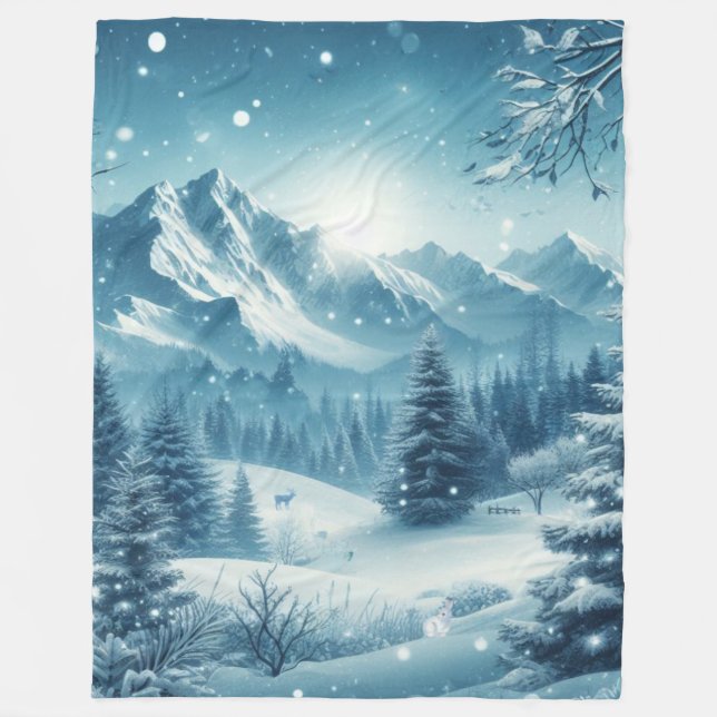 Snowy winter mountain fleece blanket (Front)