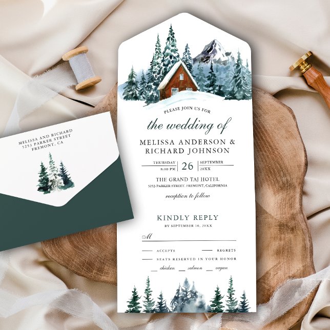 Snowy Winter Mountain Forest Cabin Lodge Wedding All In One Invitation (Creator Uploaded)