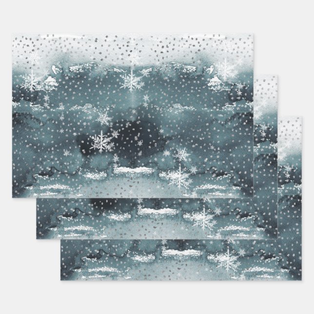 Snowy Winter Mountain Forest Silver Snowfall Wrapping Paper Sheet (Set)