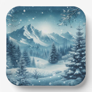 Snowy Winter Mountain Paper Plate