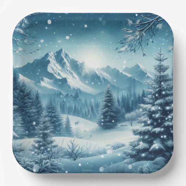 Snowy Winter Mountain Paper Plate (Front)