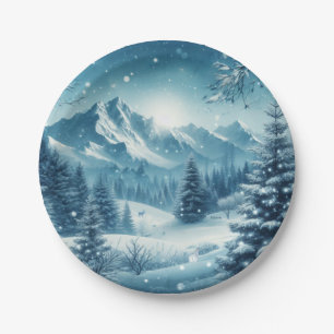 Snowy Winter Mountain Paper Plate