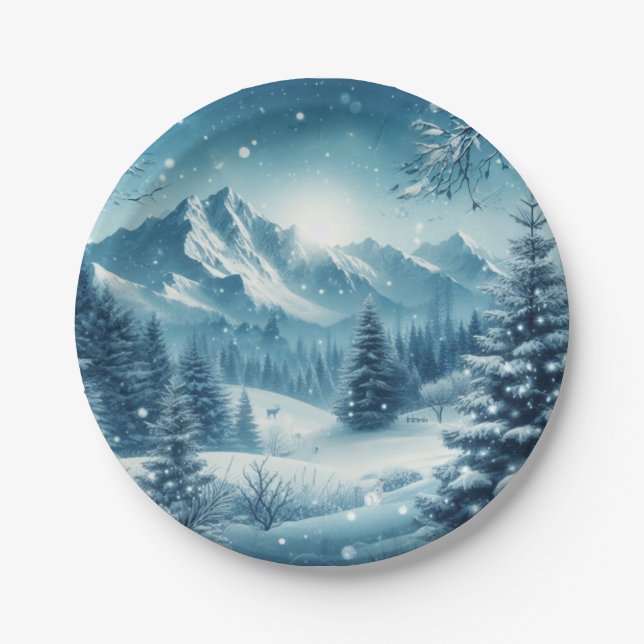 Snowy Winter Mountain Paper Plate (Front)