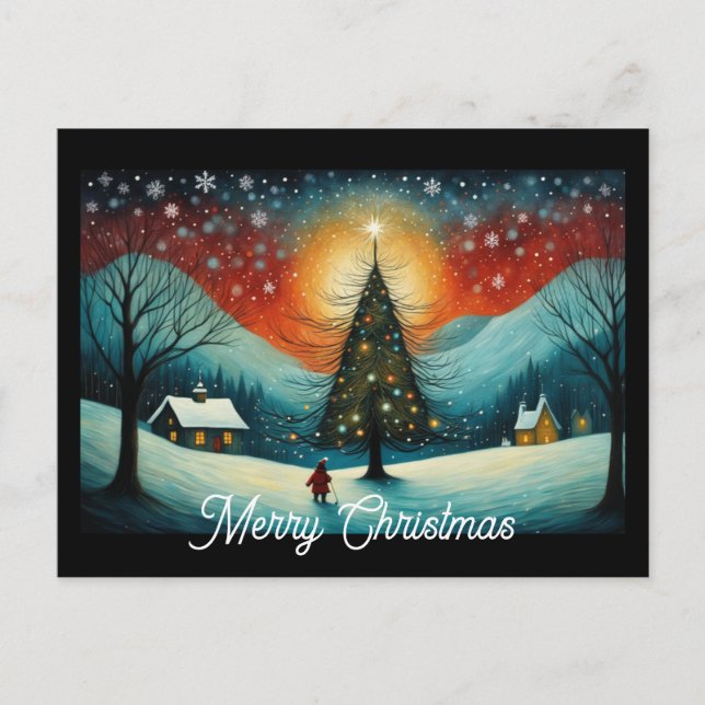 Snowy Winter Night Mountain Village Christmas Tree Holiday Postcard (Front)