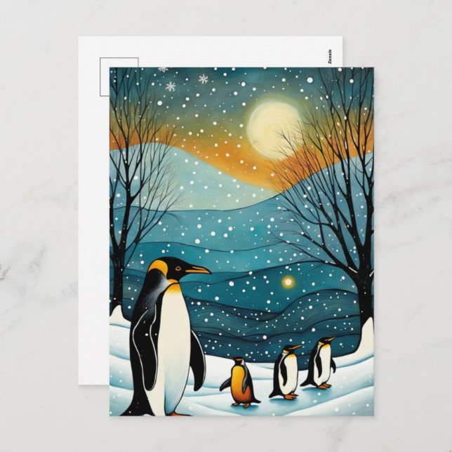 Snowy Winter Night Penguin Christmas Holidays Holiday Postcard (Front/Back)