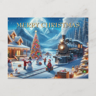 Snowy Winter Night with Christmas Train & Snowmen Holiday Postcard