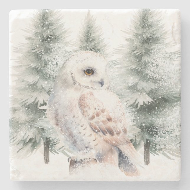 Snowy Winter Owl in Evergreen Trees Stone Coaster (Front)