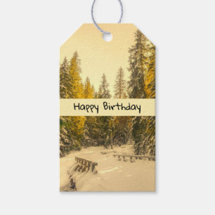 Snowy Winter Path with Pine Trees Birthday Gift Tags