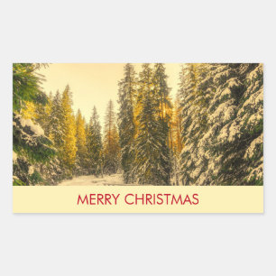 Snowy Winter Path with Pine Trees Christmas Rectangular Sticker