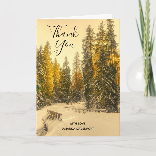 Snowy Winter Path with Pine Trees Thank You Card (Front)