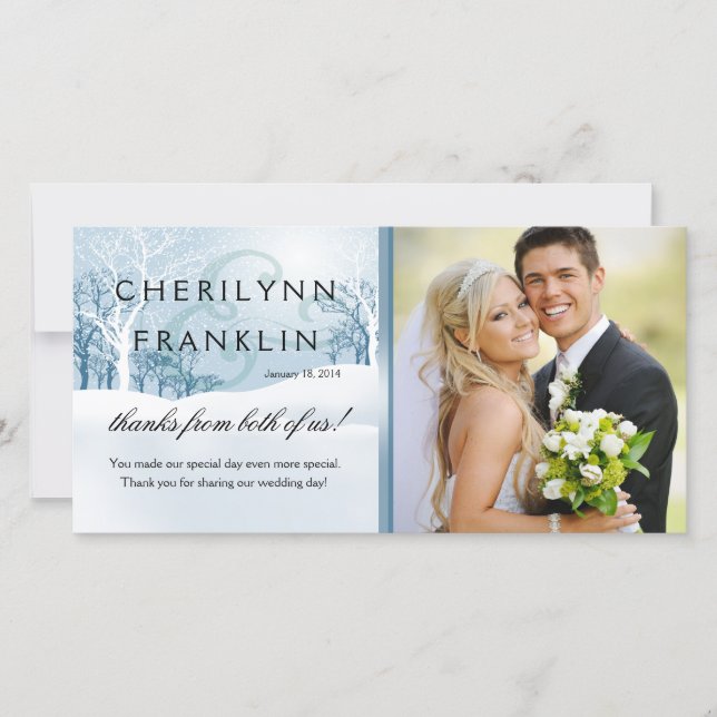 Snowy Winter Photo Thank You ice blue Card (Front)