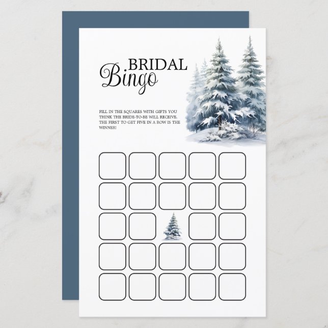 Snowy winter pine forest Bridal Shower Bingo Game (Front/Back)