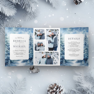 Snowy Winter Pine Forest Photo Collage Wedding Tri-Fold Invitation