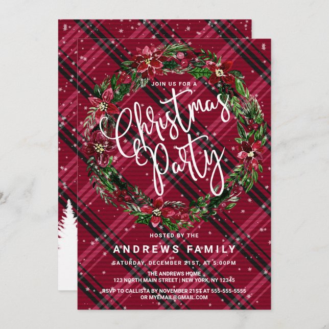 Snowy Winter Red Floral Wreath Flannel Christmas Invitation (Front/Back)