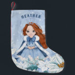 Snowy Winter Red Haired Princess Small Christmas Stocking<br><div class="desc">This adorable snowy winter Princess stocking features a beautiful young princess with red hair wearing a blue and white snowflake gown and warm fur lined cape. The princess is surrounded by poinsettias. You can personalise with your princess's name!</div>