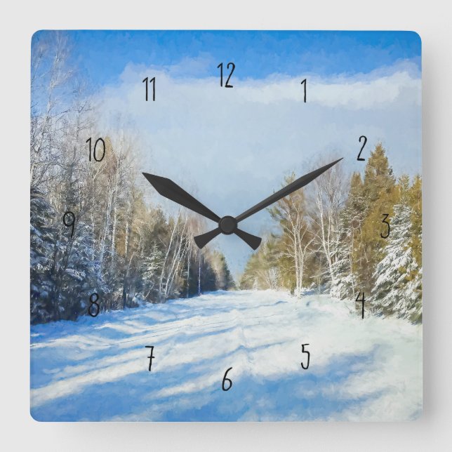 Snowy Winter Road Scene Square Wall Clock (Front)