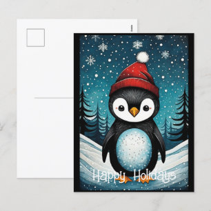 Snowy Winter Santa Penguin Christmas Holidays Holiday Postcard