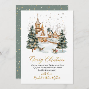 Snowy Winter Scene Gold Script Non Photo Christmas Holiday Card