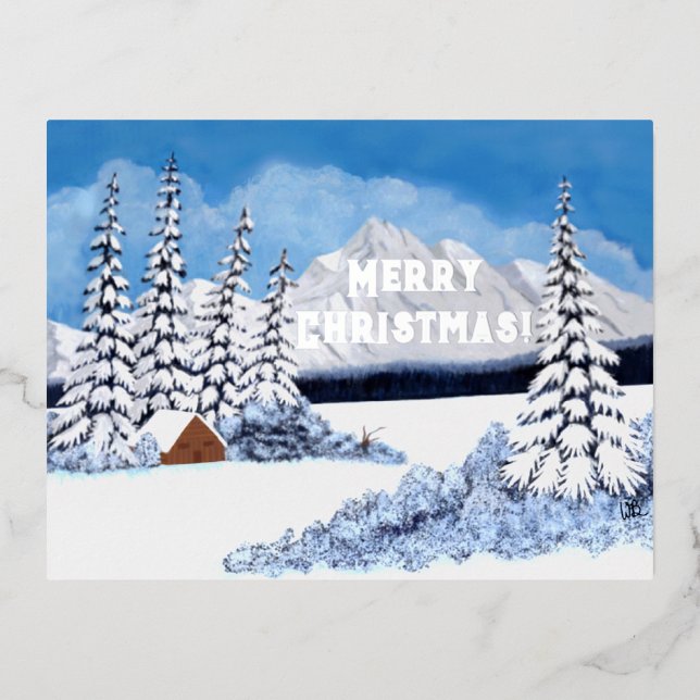 Snowy Winter Silver Foil Christmas Postcard (Front)