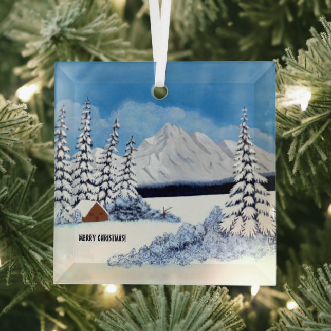 Snowy Winter Square Glass Tree Decoration (Insitu)