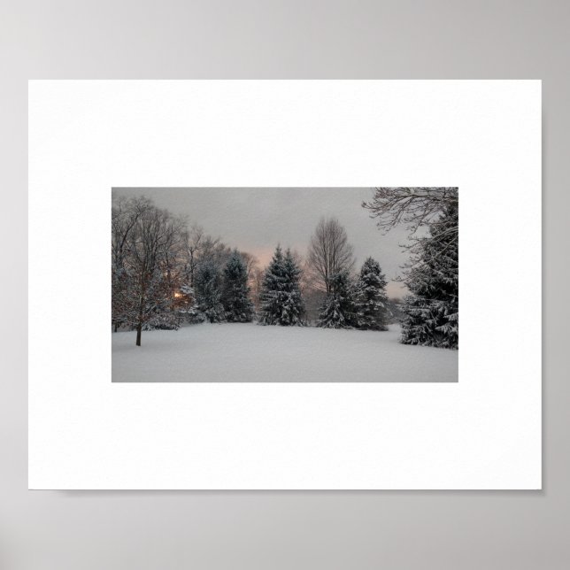 Snowy winter sunset with pine trees poster (Front)
