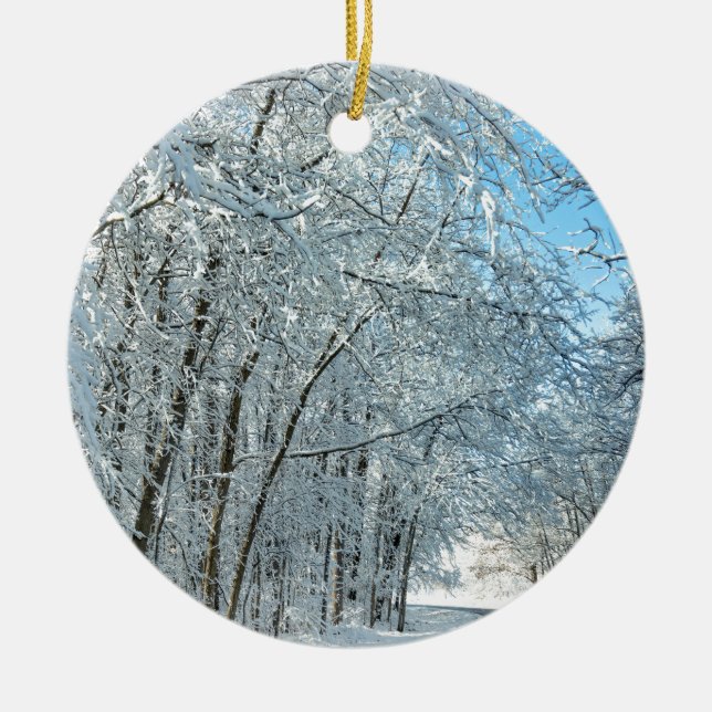 Snowy Winter Trees Ceramic Ornament (Front)