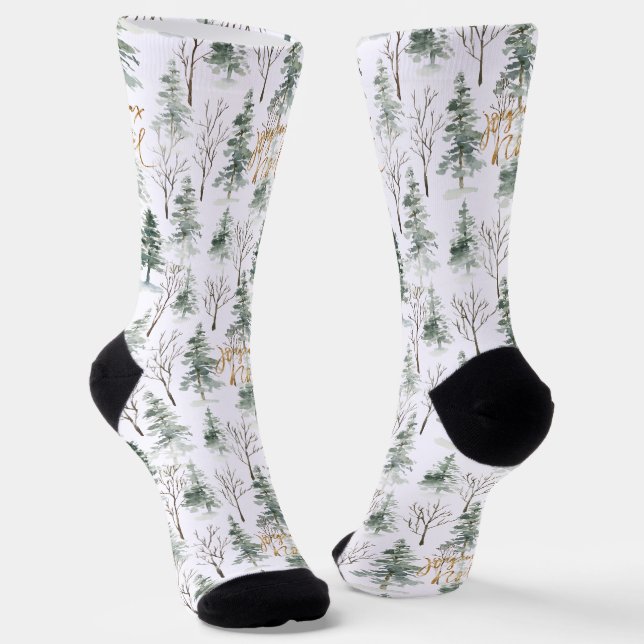 Snowy Winter Trees Pattern Gold Typography Socks (Angled)