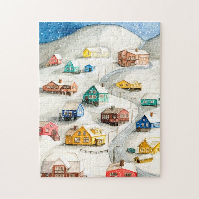 Snowy Winter Village Art Jigsaw Puzzle (Vertical)
