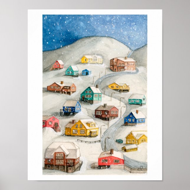 Snowy Winter Village Art Poster (Front)