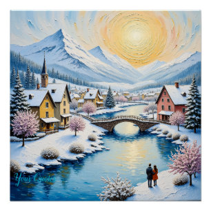 Snowy Winter Village by Golden Sun Poster