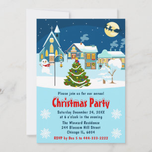 Snowy Winter Village Scene Christmas Party Invitation