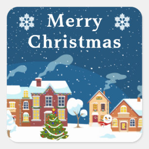 Snowy Winter Village Scene Merry Christmas Square Sticker