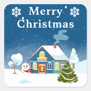Snowy Winter Village Scene Merry Christmas Square Sticker