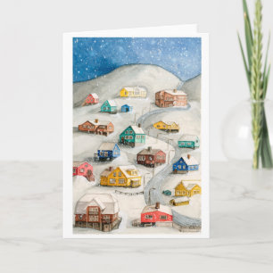 Snowy Winter Village Scenic Art Holiday Card