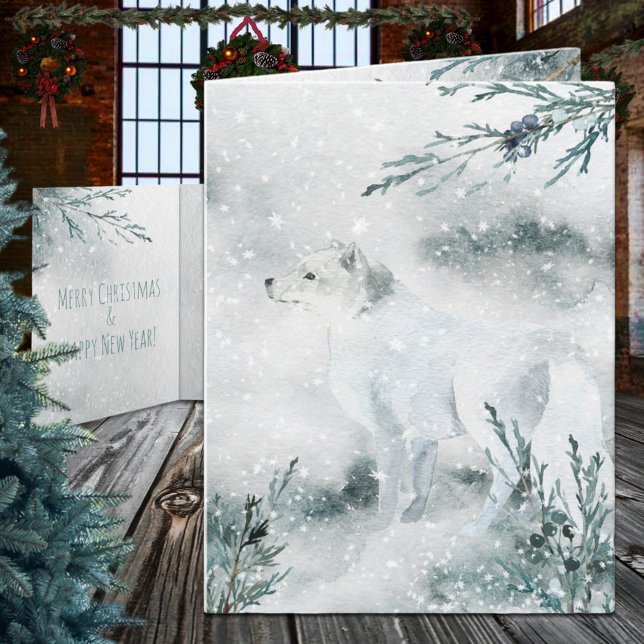 Snowy Winter White Arctic Fox Holiday (Snowy Winter White Arctic Fox Christmas Holiday Wraparound Graphics Folded Card in two sizes)