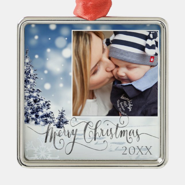 Snowy Winter Wonderland Christmas Custom Photo Metal Ornament (Front)