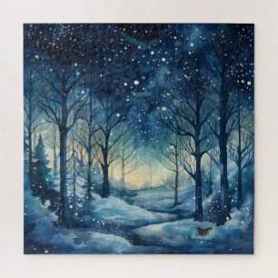 Snowy Winter Wonderland Navy and White Jigsaw Puzzle